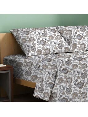 Tree Organic Four Piece Floral Paisley Sheet Set - White and Gray- Size King